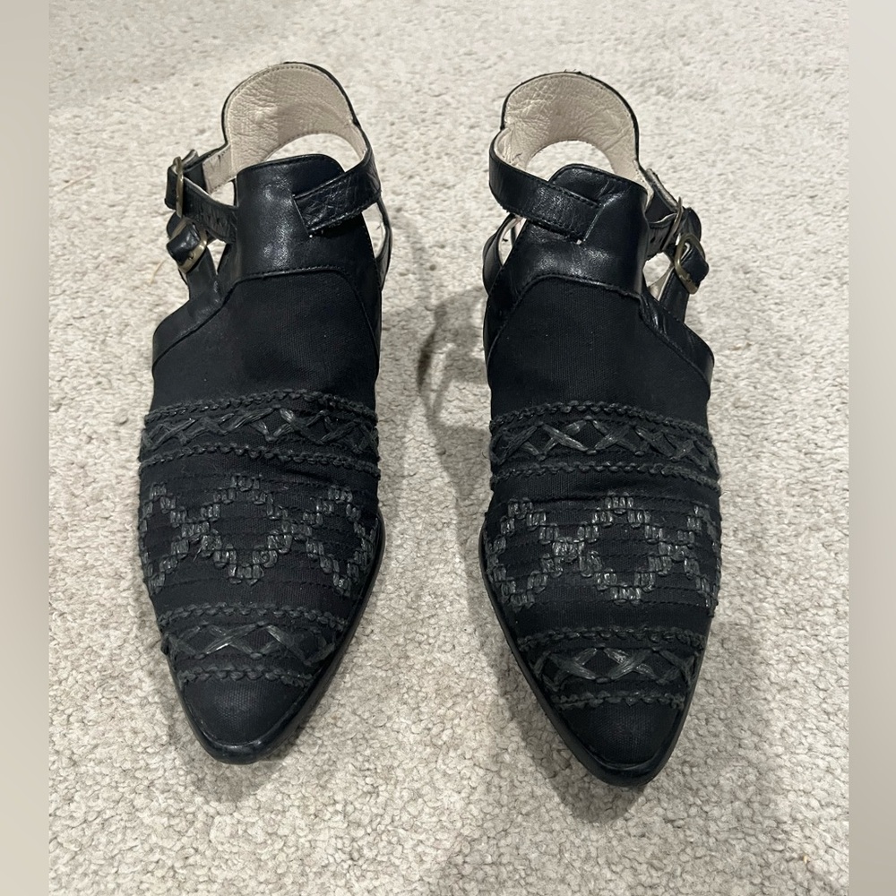 Bocage Paris Pointy Fabric & Leather Designer Shoes, Women’s Black Size 8/38.5